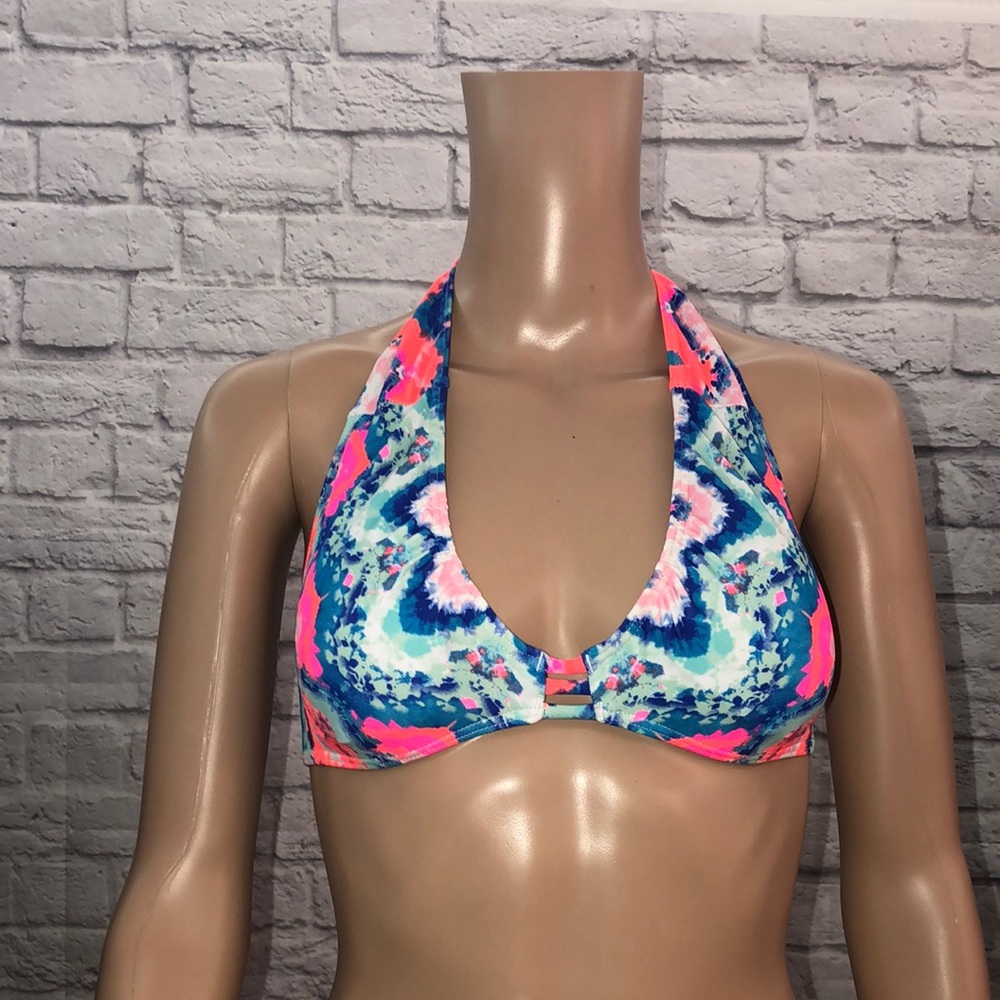 Vibrant Pink and Blue Halter Bikini Top